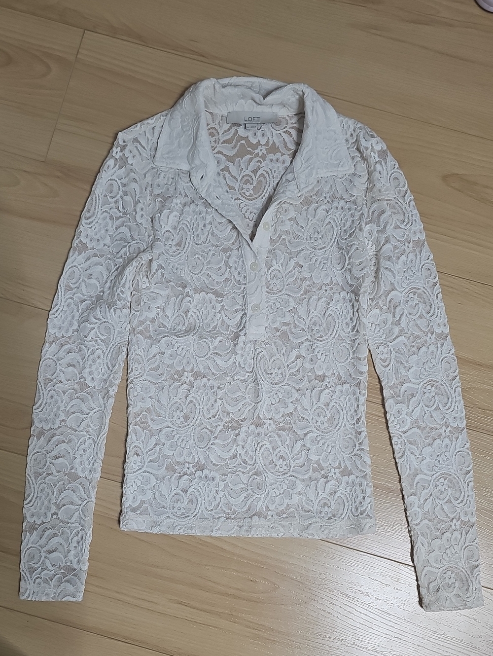 LOFT Ivory Lace Button-Front Long-Sleeve Polo Blouse, NWOT